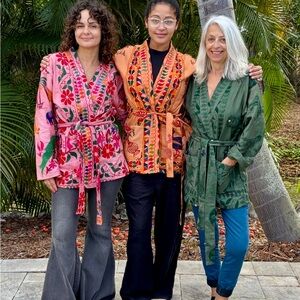 Embroidered Floral Kimono Jacket - Pink, Orange, Green